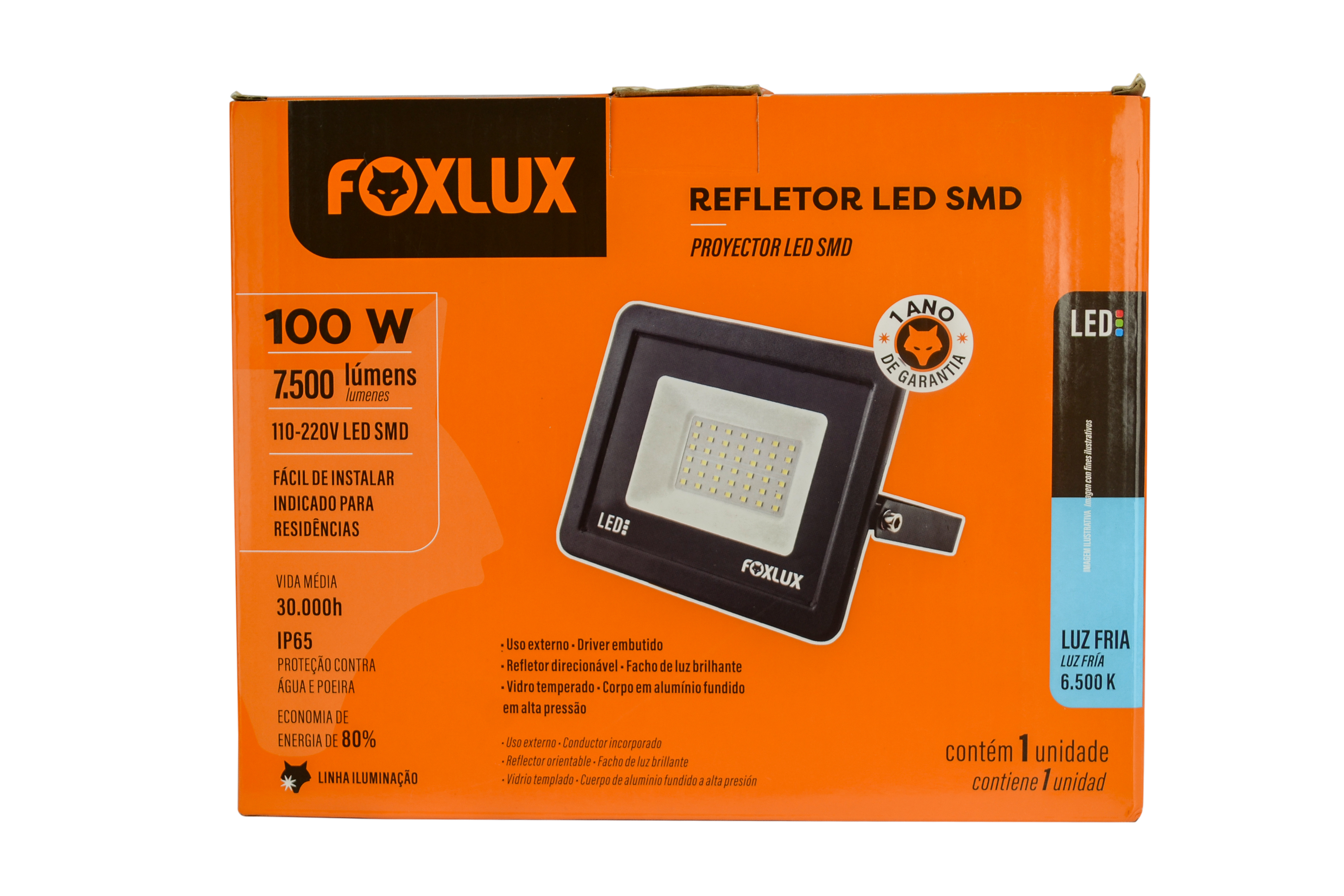 Refletor Led Pt 100w 6,5k Slim